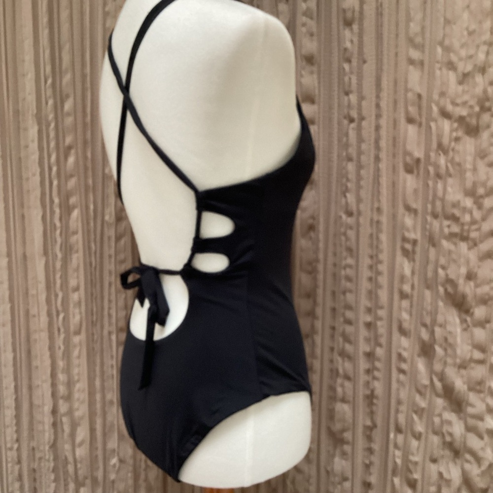 BECCA Black Cutout One-Piece Swimsuit, high legs, low back, plunging front, Lg - Picture 2 of 7